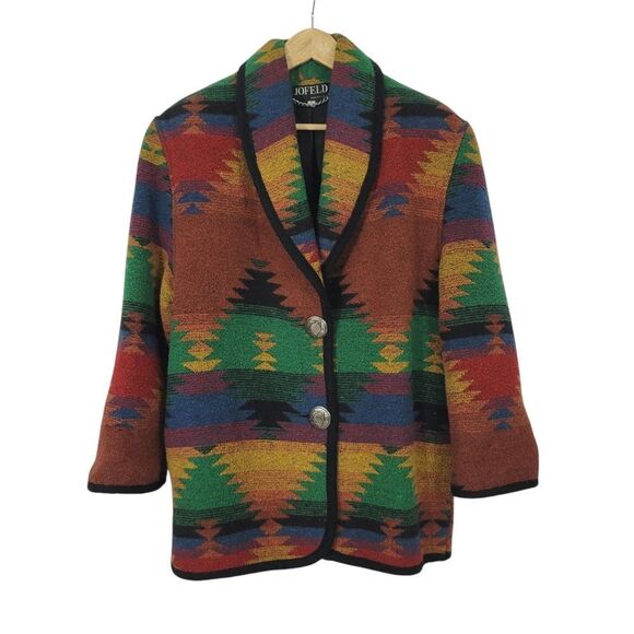 Vintage Jackets & Blazers - Vintage Jofeld Wool Blend Southwestern Aztec Button Down Blazer Coat Size Small